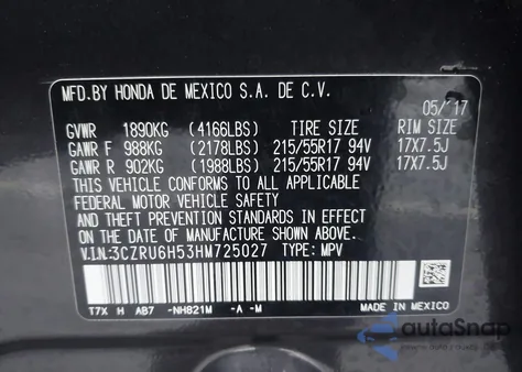 2017 Honda Hr-V Ex z USA, uszkodzony, nr VIN 3CZRU6H53HM725027